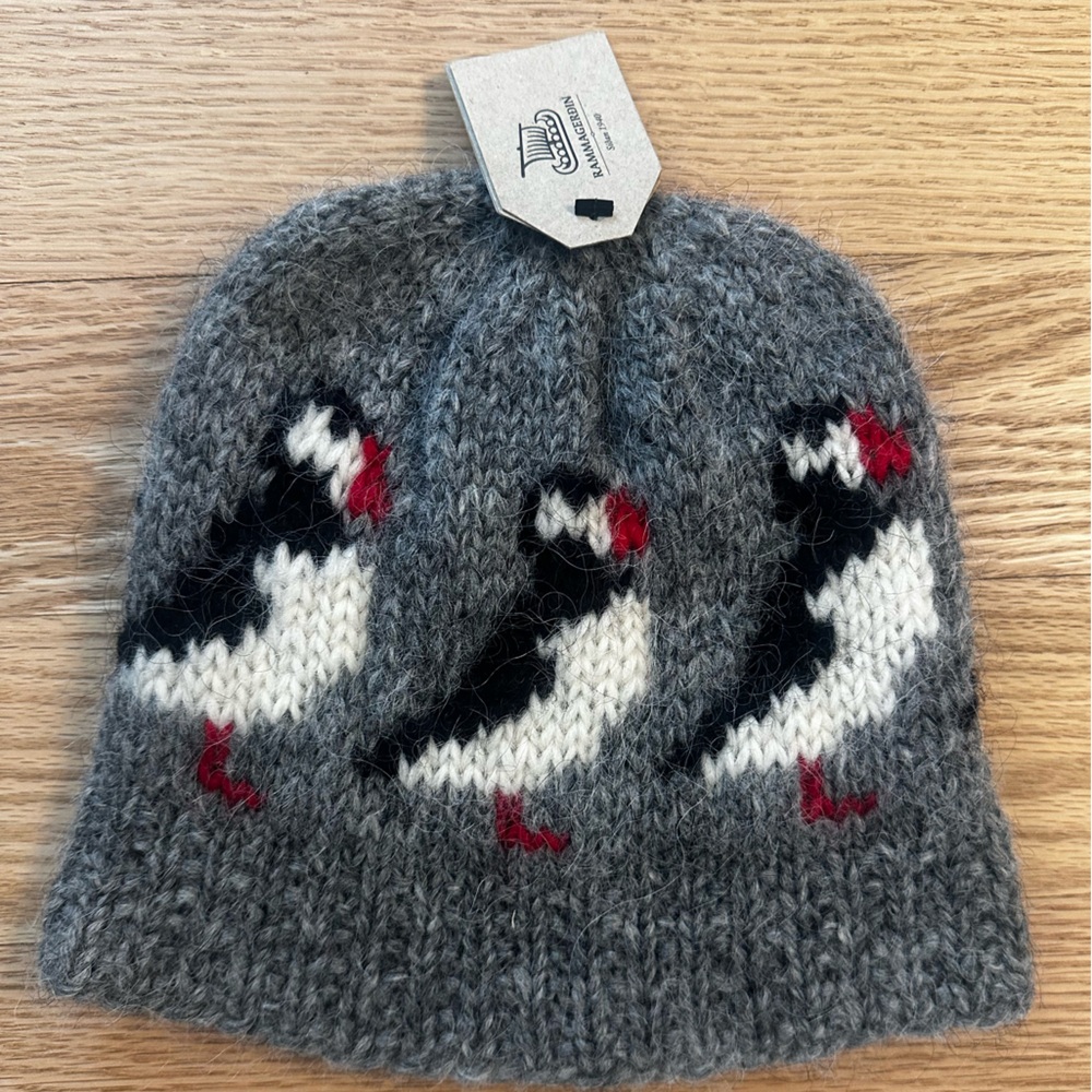 Kids Grey Puffin Knit Hat - Cozy Winter Beanie